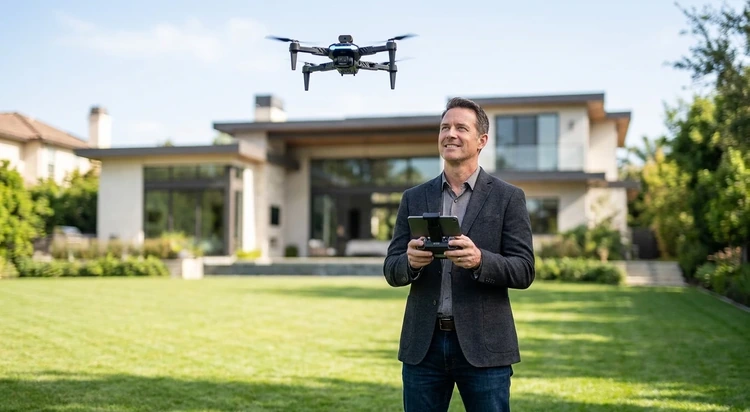 Real estate professional flying the StealthBird4K drone over an upscale property